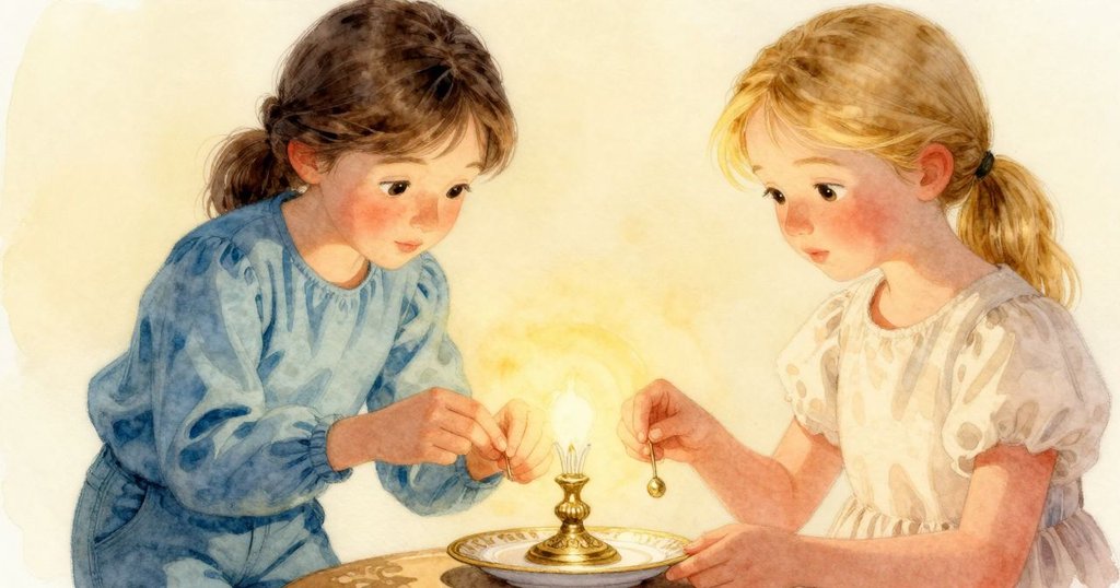 Shea的手細心撿取黃銅銷子，近照展現盛有水塵罐與銅圓筒，燈光柔和突顯細節。