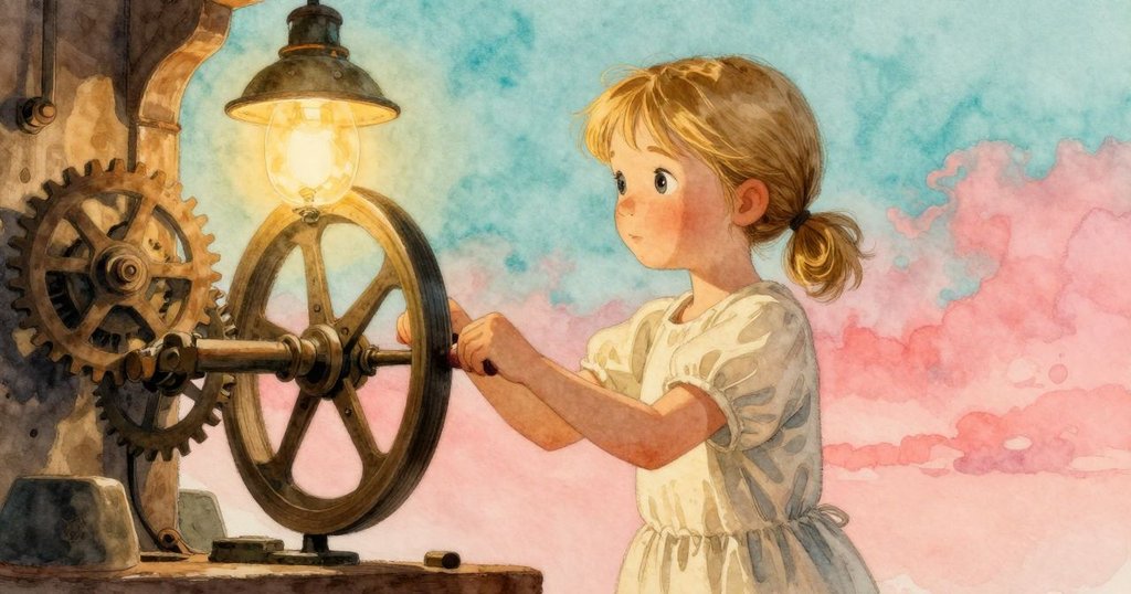 Blake從高處視角專注操作手搖柄，齒輪精細運轉，燈光柔和映出工坊古樸溫馨氛圍。