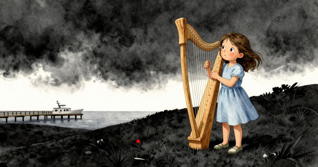 Cora站在山丘上輕觸琴框，背景有碼頭與靜謐帆船，畫面開闊呈現初始寧靜與探索希望。