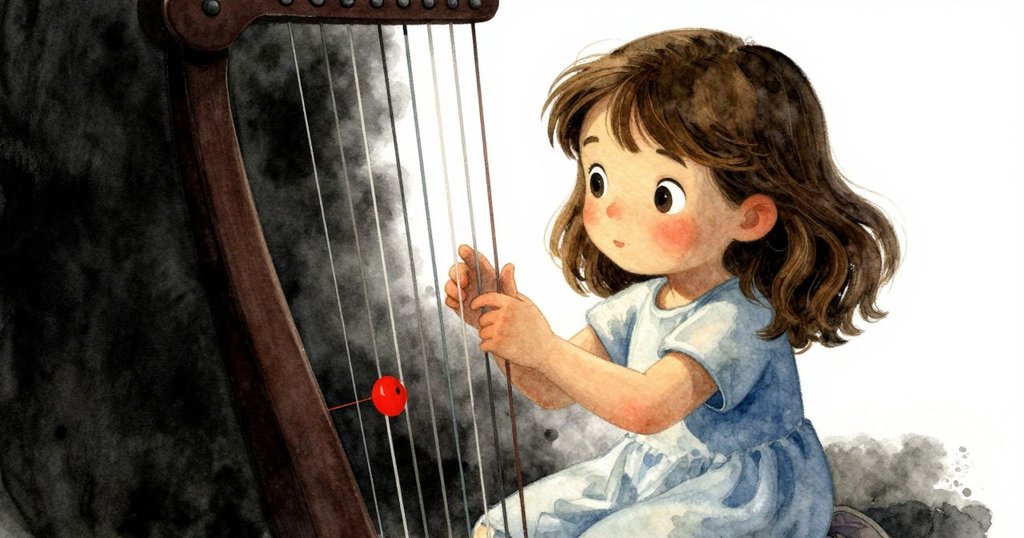 Cora專注輕觸鳴響琴弦，面容流露出好奇與思考，特寫展現細膩情感與琴木紋理。