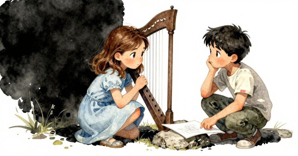 Cora與Paul並肩蹲坐於石旁，共享對琴音的好奇與發現，畫面分割呈現合作與情感聯結。