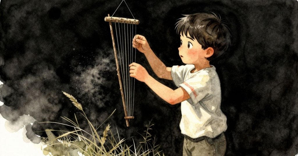 Paul專注將細樹枝置於琴箱下，隨風飄浮塵埃與草叢擺動，畫面中展現微妙環境變化。