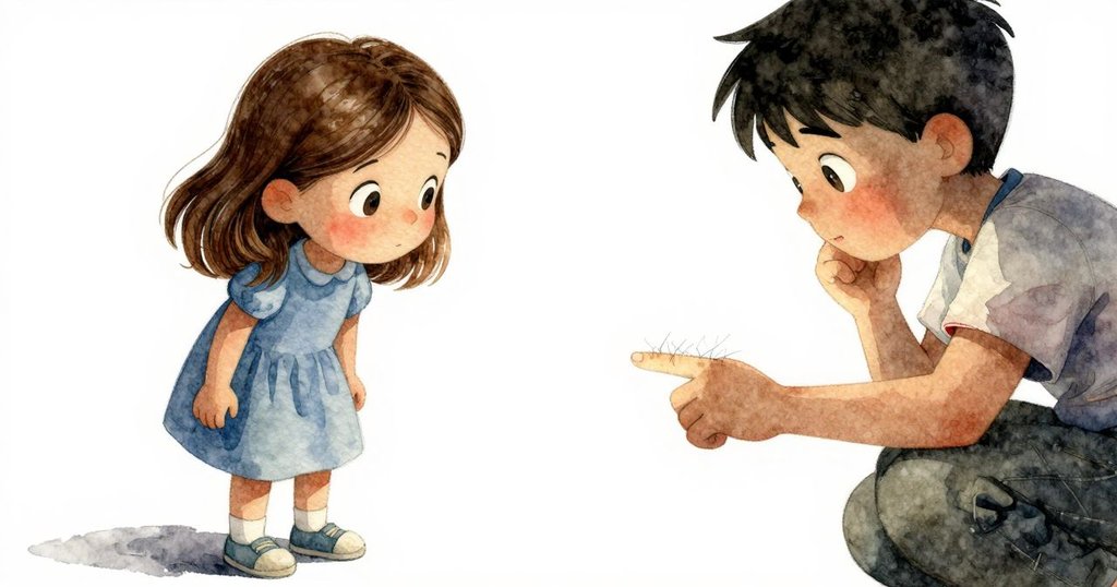 Cora驚喜注視Paul衣袖上落下的纖維絮狀物，兩人臉上呈現細膩驚覺及默契理解，細節豐盈。