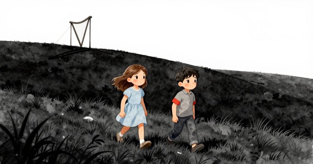 Cora與Paul沿草坡穩步下行，背景隱藏琴影，留戀卻展望新旅程，環境明亮展現未來希望。