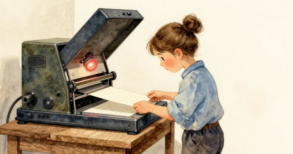 烏拉在昏暗暗房中操作放大器，專心放入紙張，充滿神秘與暖意的環境，氣氛逐步展開