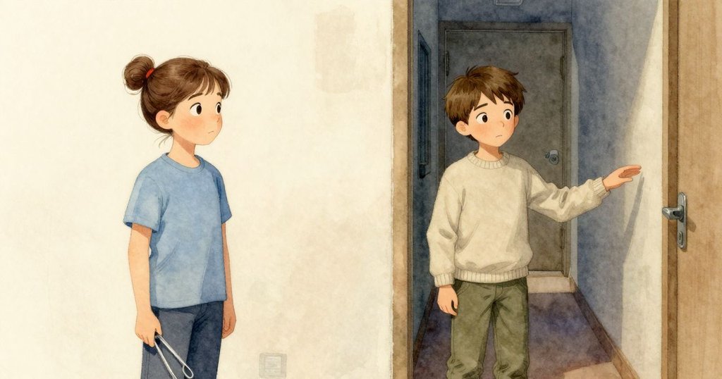 烏拉在暗房中持夾子猶豫，門外喬爾急切呼喊，分割畫面呈現出內外世界的交錯與緊張情緒