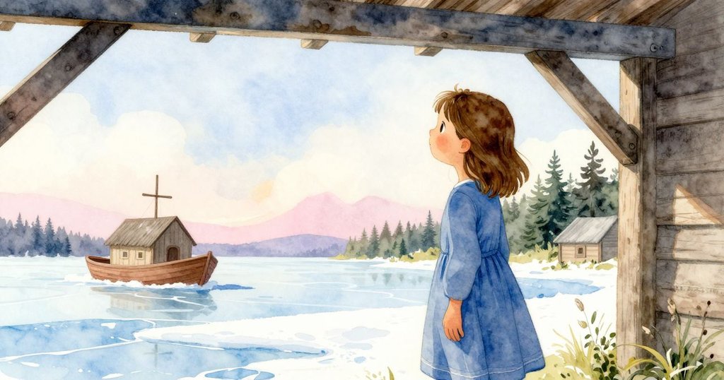 科蕾特在鄉村小屋前發現溫暖的工具，站在鐵樑旁，神情好奇，背景有船和陽光映照，故事開端。