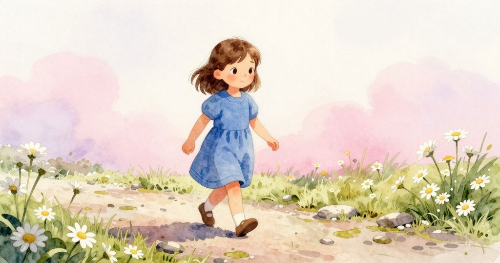 科蕾特在陽光鋪就的小徑上緩步行走，白色雛菊隨風搖曳，青苔石頭溫柔迎接，回憶情懷流露。