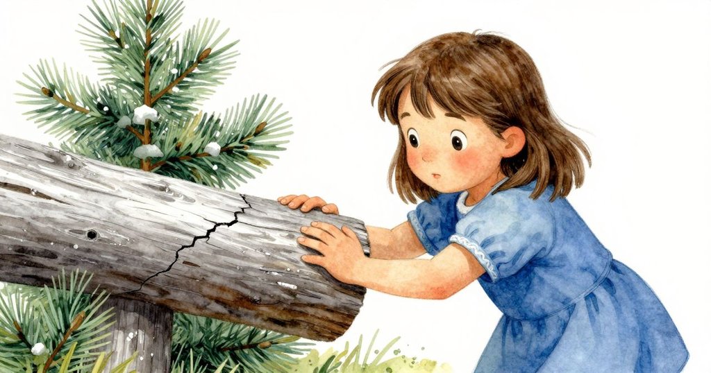 科蕾特面露焦慮與堅定，扶著出現裂痕的橡木樑，努力推動門扉，內心掙扎溢於言表，情感高潮。