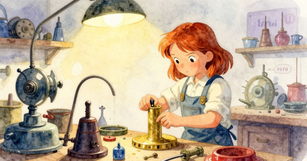 Vita在充滿各種機械零件的工作室中忙碌，場景熱鬧且充滿工具與裝置，表情專注且充滿動力