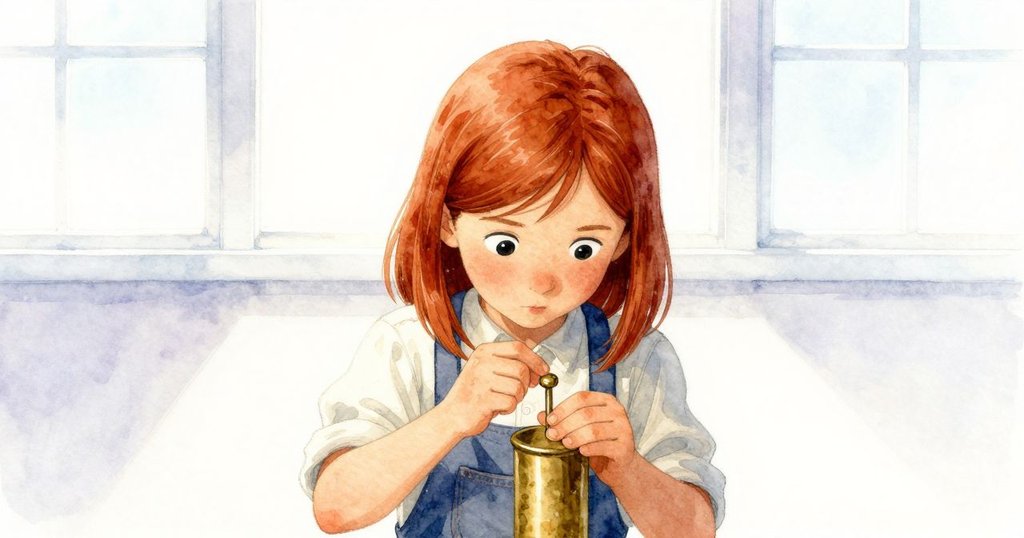 Vita專注檢查黃銅圓柱與小銅針，背景空曠留白，呈現精細操作與靜謐專心的氛圍