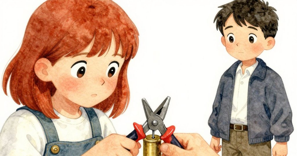 從Vita視角看見她用鉗子輕握銅針，精準調整黃銅圓柱，突顯細緻工藝與專注手法