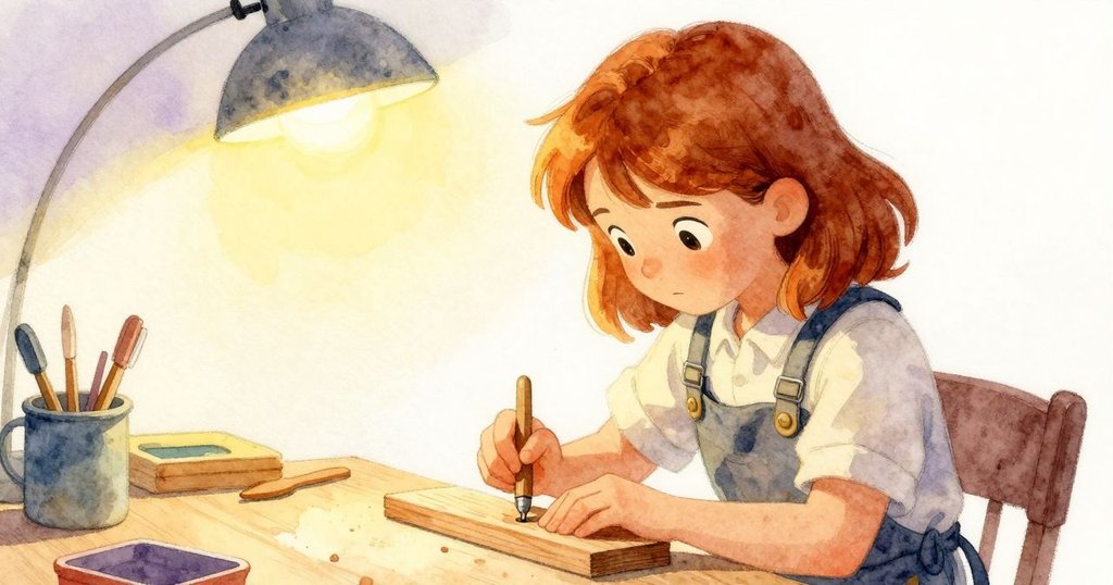 Vita在溫暖燈光下於工作檯前打磨，木屑輕舞飄散，呈現時間流逝與靜謐工坊情景