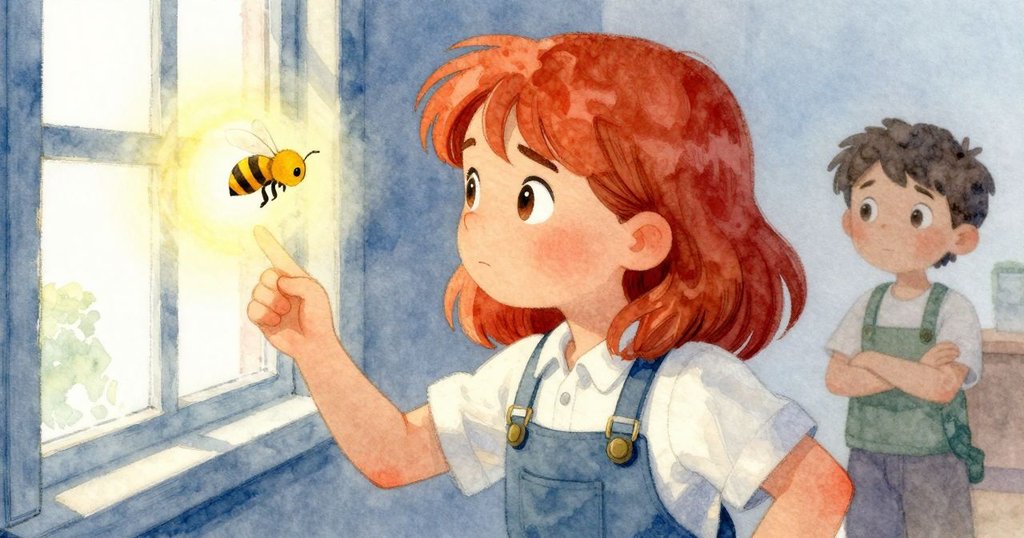 一隻蜜蜂從窗戶飛入圍繞著燈泡盤旋，Vita靜觀其變，展現機械節奏與自然和諧共鳴