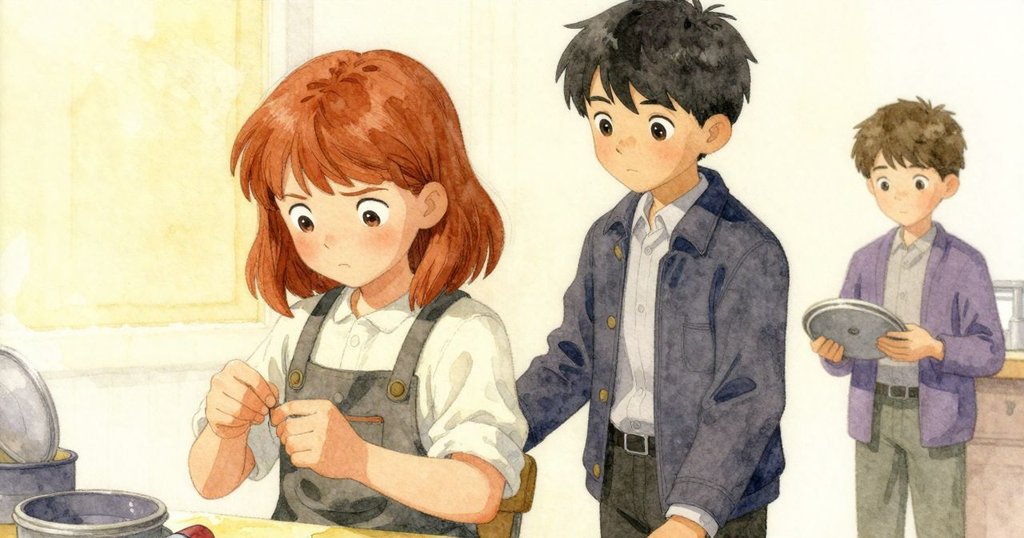 Vita將調整好的銅針輕放於檯面，Gareth在背後靜默示意，場景平靜展現成功完成的情緒