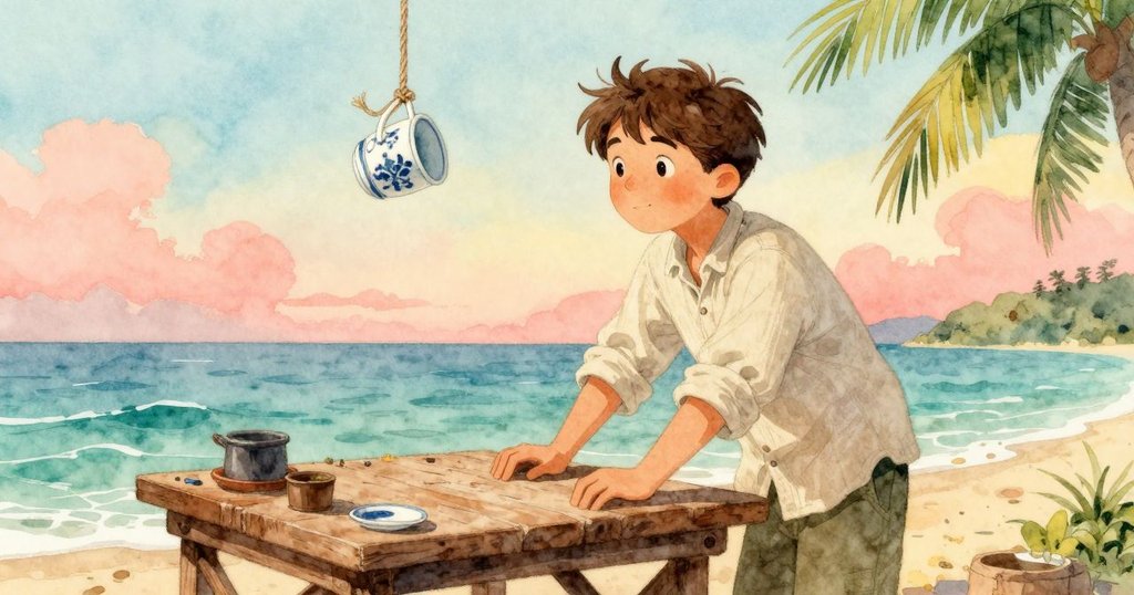 凱倫在工作台前停步，凝視懸掛瓷杯，背景有海邊老木材與微風，展現好奇與沉思神情