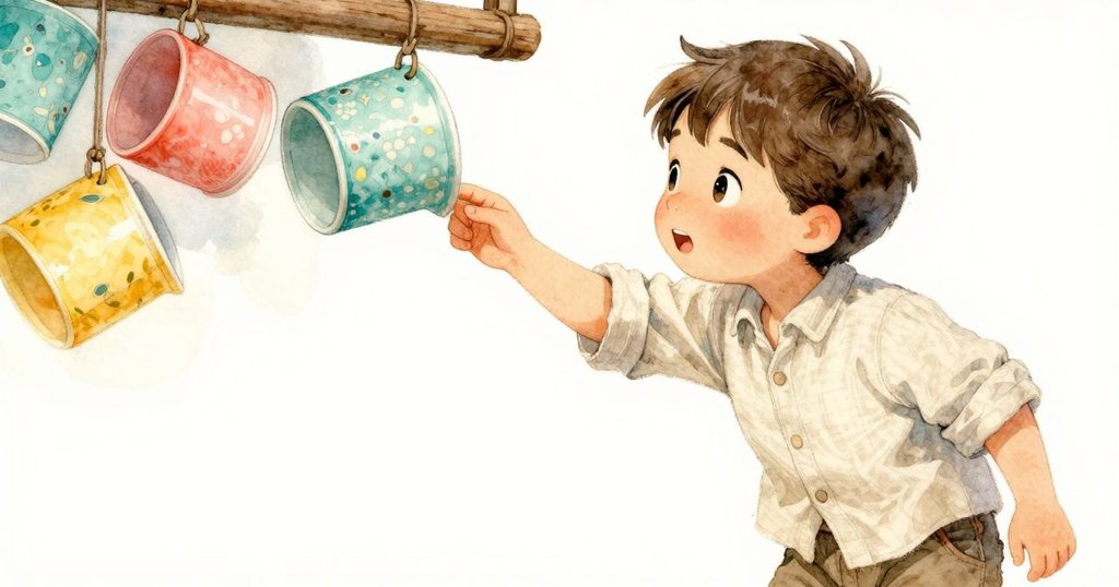 凱倫伸手觸碰細木板，準備撬起懸掛瓷杯，特寫呈現水波細節與工作台質感