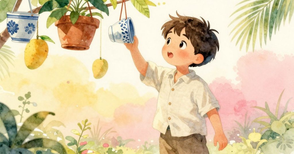 凱倫滿懷驚奇地凝望懸掛物，前景展現細緻瓷杯與陶罐，背景透出陽光與層次布景