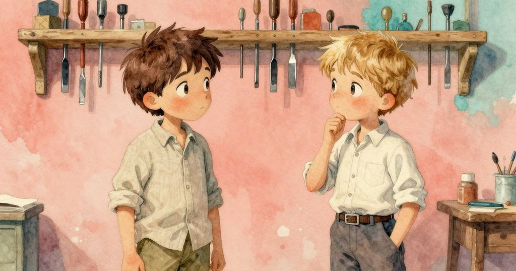 凱倫與皮爾斯在懸掛工具架前對視，溫馨懷舊色彩襯托出環境細節與輕柔動作