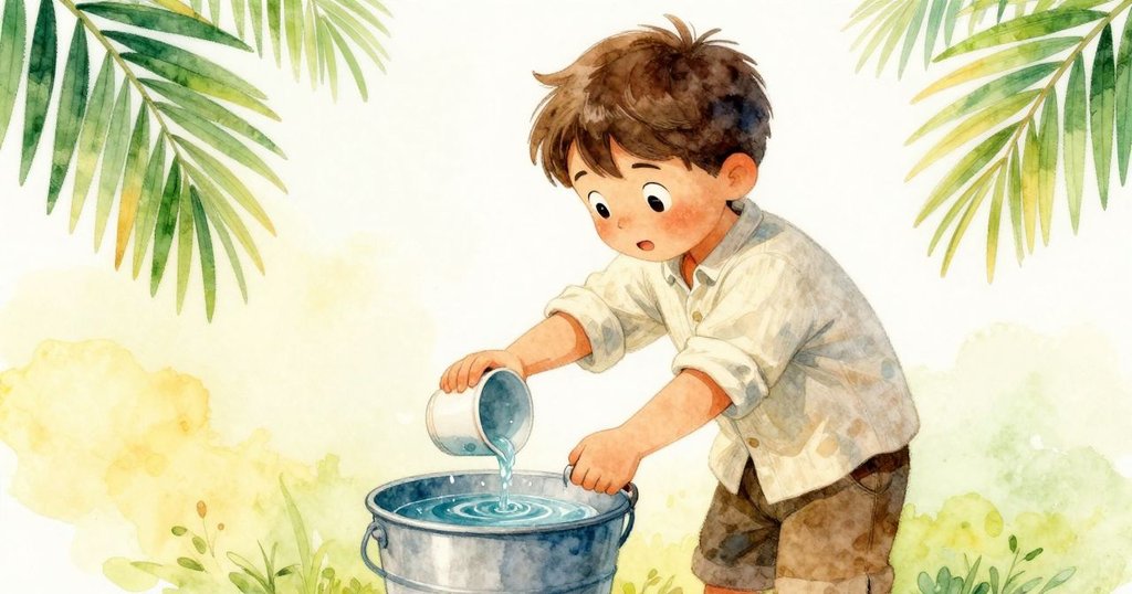 凱倫專注地將瓷杯浸入水桶中，動作充滿決心，水花細膩呈現工作台環境細節