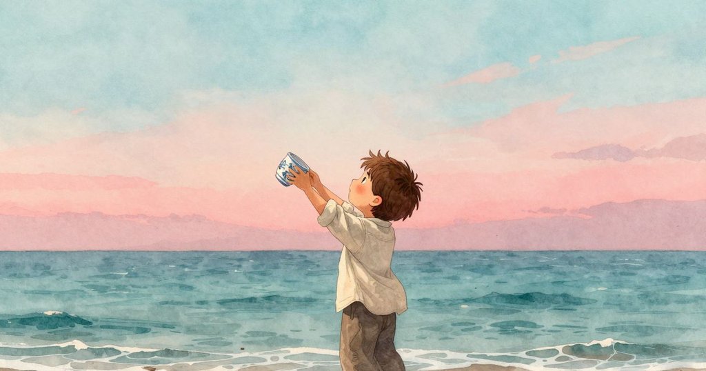 凱倫站在前景面向開闊地平線，目光堅定注視懸掛瓷杯擺動與海潮呼應，畫面洋溢希望感