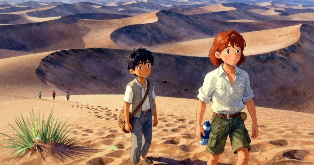 Leander和Inez在廣闊沙丘上探索,從空中俯瞰連綿沙紋,陽光溫暖照耀,展現冒險開始的寧靜氛圍