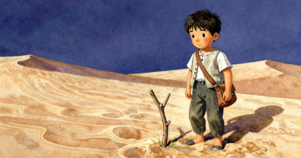 Leander於沙丘頂端輕放樹枝,近距離捕捉明亮光影與沙紋細節,展現自然力量的精妙互動