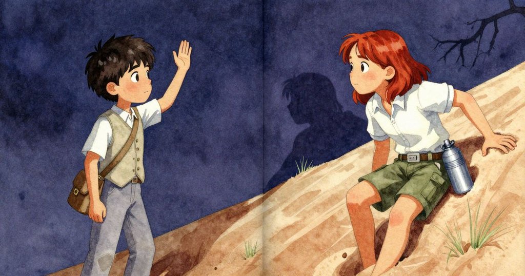 Leander揮手測試樹枝影子,Inez穩步攀登沙丘,水壺輕響,分割畫面呈現兩人間生動互動與探險情趣