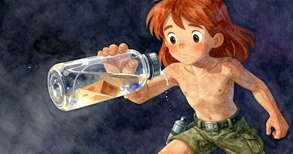 Inez的水壺內液體清澈映出沙丘動態紋理,光線透過液體柔和閃爍,營造出神秘而溫馨的畫面