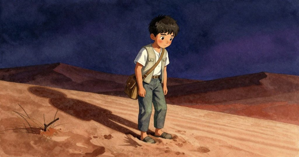 Leander於沙丘上凝神靜立,目光聚焦隨風跳躍的樹枝影子,充分展現注意力與瞬間靜止的神聖感受