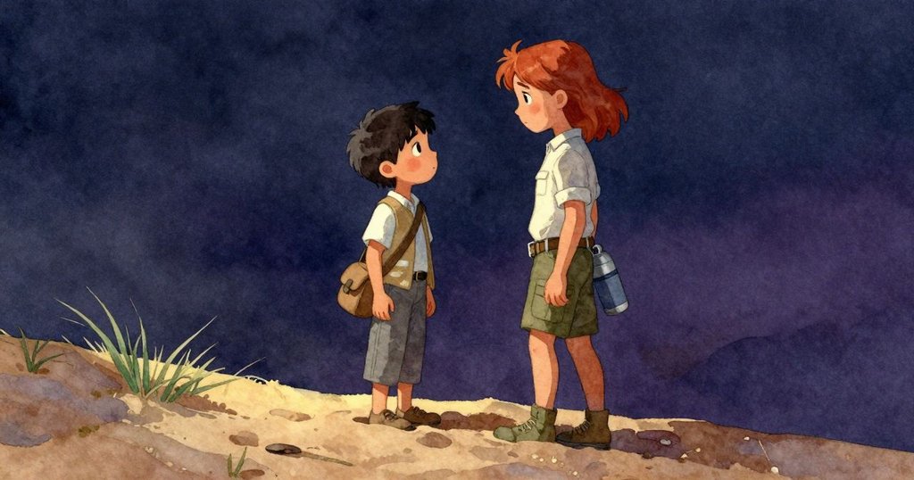 Leander與Inez於沙丘頂端默契相視,共享無言驚奇與感動,柔和金光映襯下展現深情畫面