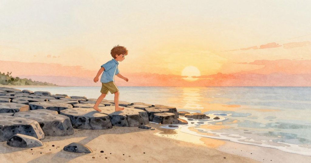 Zander 手持玄武岩石板走向潮牆，黎明晨光映照沙灘與岩石，表情堅定充滿希望