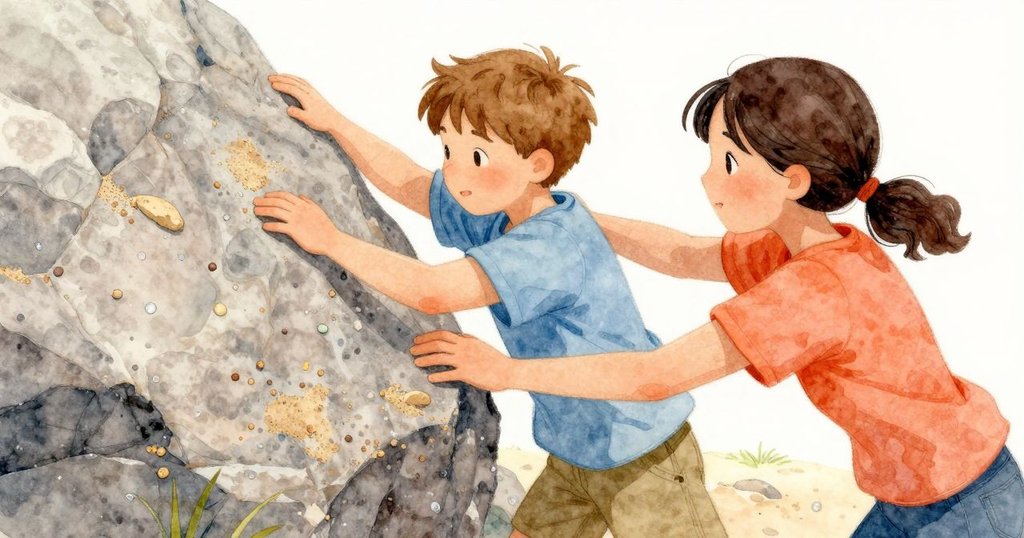 Zander 的手近距離握著玄武岩石板，沙粒和水滴細節豐富，呈現溫暖觸感和細膩筆觸