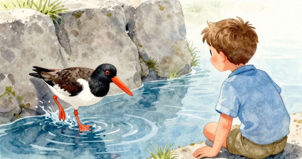 從Zander肩後看見一隻小嘴橙色的鳥衝出牆邊，流水動感交織，表情專注而期待