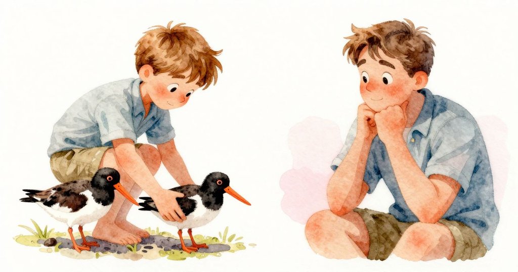 畫面分割，一邊是關愛小鳥的海邊鳥兒，一邊是Zander 充滿思索的臉龐，展現自然與責任並存