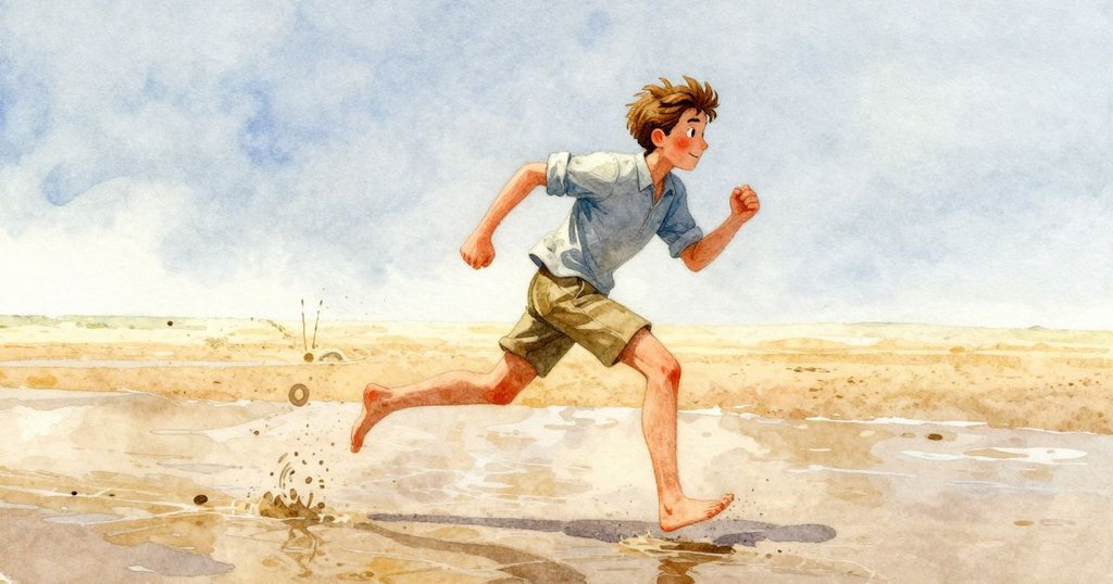 Zander 在濕潤沙灘上急速前行，遠處露營裝備旁有薄煙飄起，Juliet 警告聲傳來，顯現緊張動感