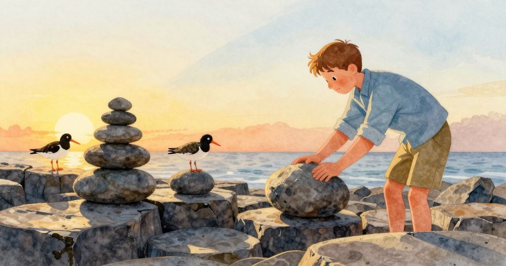 在夕陽餘暉中，Zander 輕置石板於老石旁，牆面映出火紅溫暖光芒，鳥兒和雛鳥靜謐相伴，表情安詳