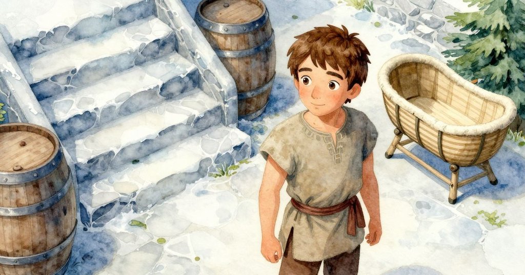 從高處俯瞰，Theo站在古老樓梯上，仔細觀察塵封的銅杯，背景中有木搖床和橫放的酒桶，神情沉思。