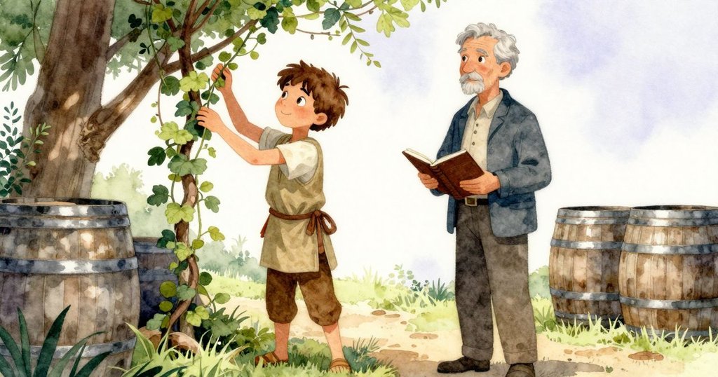 從地面視角看見Theo的手正修剪藤蔓，旁邊空搖床與酒桶附著青苔，一隻松鼠好奇注視，充滿自然氣息與動作感。