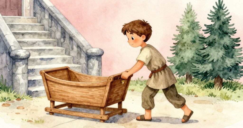 Theo站在石階轉換空間，輕輕頂著木搖床，手握塵封銅杯，背景中有酒桶，呈現專注與柔和動作的場景。