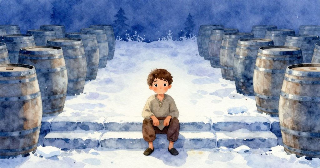 Theo站在石階上，神情平靜望向重整後的通道，背景中整齊排列的酒桶與空搖床在月光下散發柔和光芒，呈現寧靜終結。