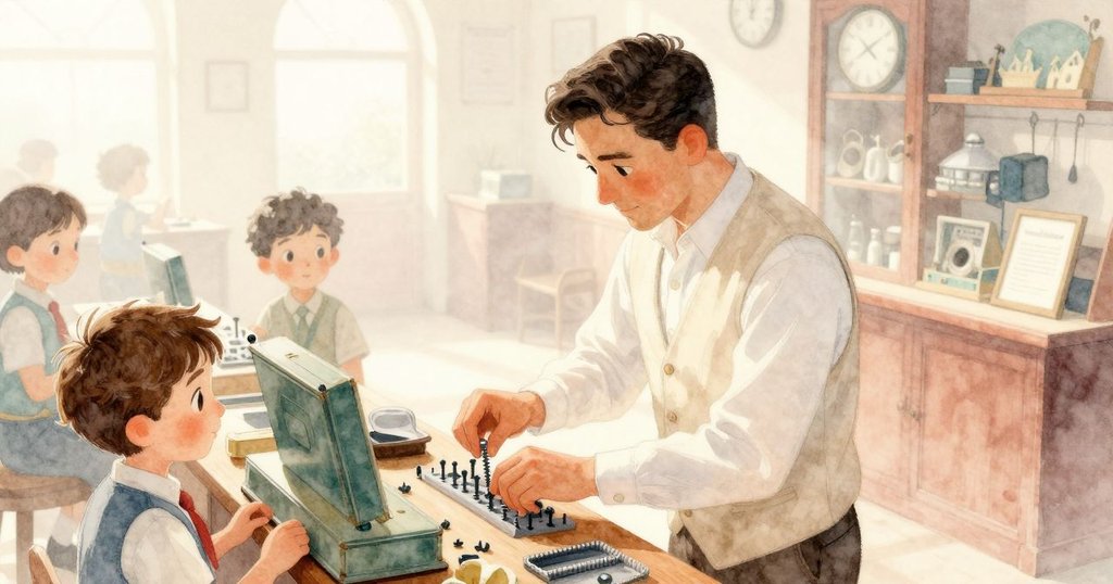 Ned 正在古色古香的時計修理店裡調節螺絲，晨霧繚繞，柔和光線灑在桌上，表情專注且充滿期待