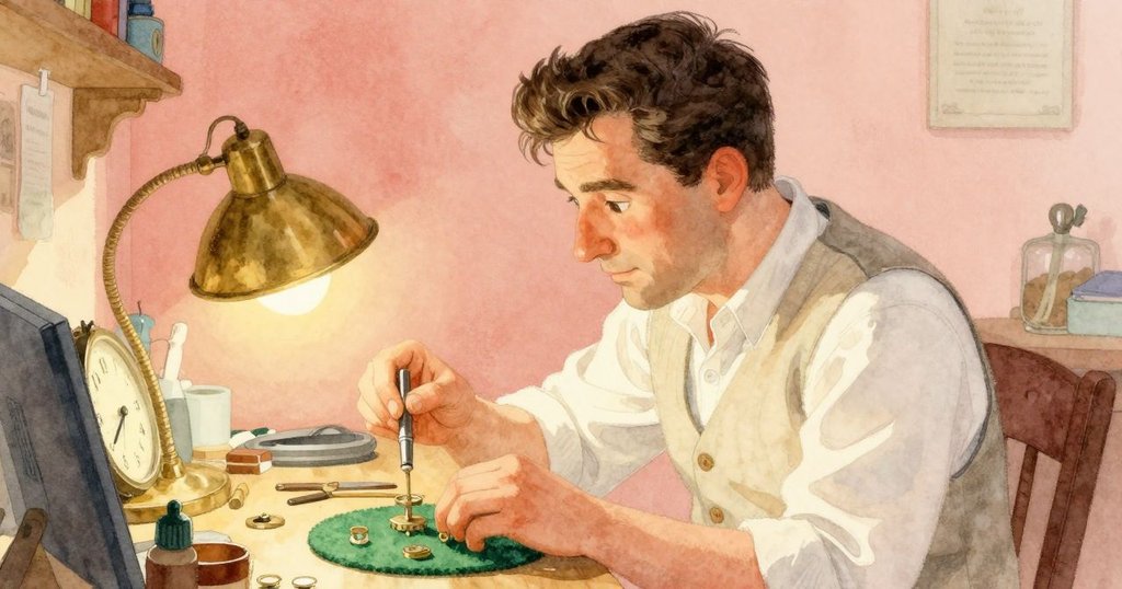 Ned 正在檢視閃爍金色罩與涼爽綠毛氈的對比效果，背景中整齊排列的時鐘發出光輝，氣氛溫暖而細膩