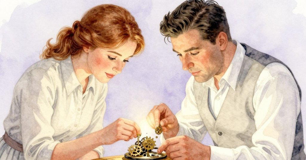 Ned 的手正熟練地用放大鏡與鑷子調整小齒輪，油珠閃爍在精密零件上，細節豐富，神情專注且沉靜