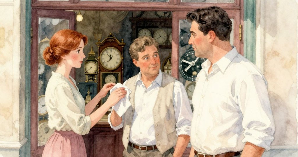 Raine 手持拋光布走入時鐘修理店，光線從窗外滲入，Ned仍專心工作，場景呈現晨至晝的柔和轉變，氣氛寧靜