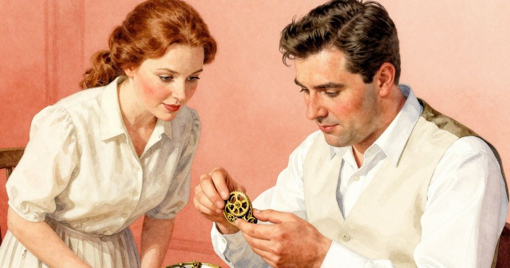 Ned 在關鍵時刻移除鐘盤，露出纖細齒輪及微黃塵埃，Raine 緊盯著他，畫面充滿決心與關懷，機械細節生動