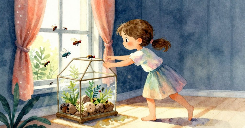 Estelle在窗邊調整玻璃缸，周圍有小昆蟲和窗外麻雀，充滿活力與溫暖的室內場景，展現奇妙的初始情節。
