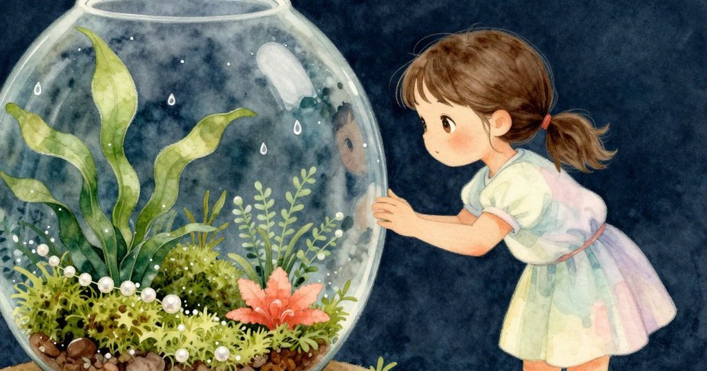 玻璃缸內部特寫，水滴掛在玻璃上，苔蘚與礫石細節豐富，展示微妙而秘密的自然世界情節。