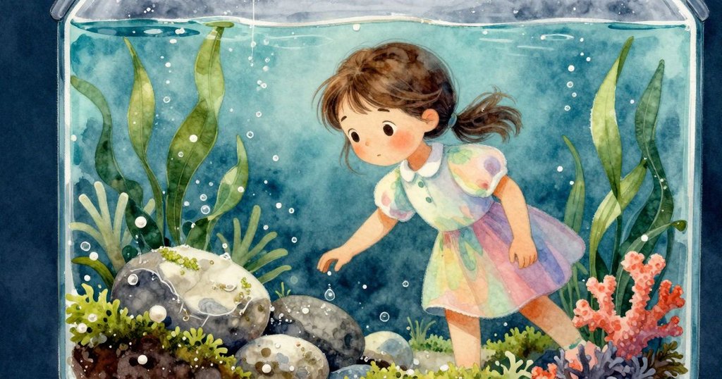 玻璃缸內部透視，水滴沿隱藏管道滑落，流經火山石與苔蘚，光線照射下形成閃亮銀線，情節充滿動感。