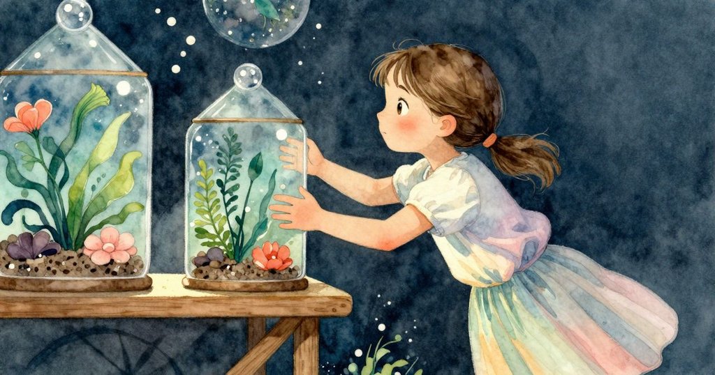 Estelle的手緊握玻璃缸，木架上玻璃缸滑動，情境中充滿懸念與緊張，光影強烈對比突顯專注神情。